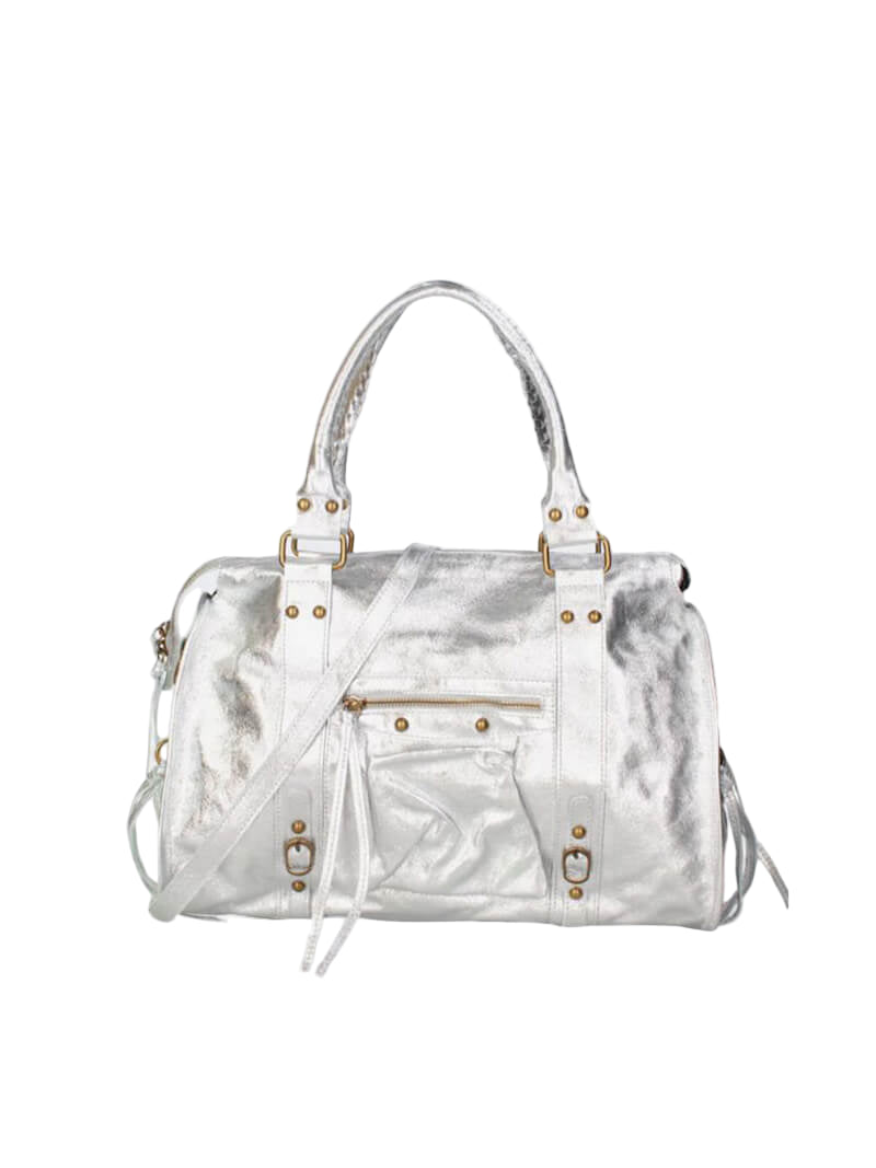 Bolso Bowling de Piel con Detalles Metálicos