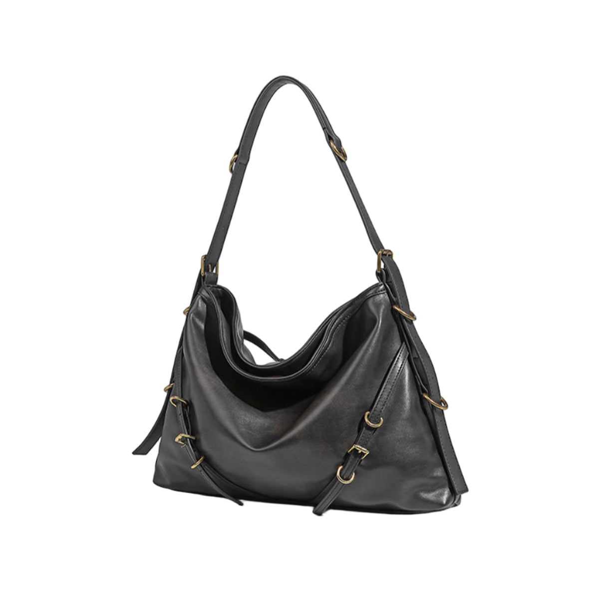 Bolso Hobo Negro con Hebillas Decorativas