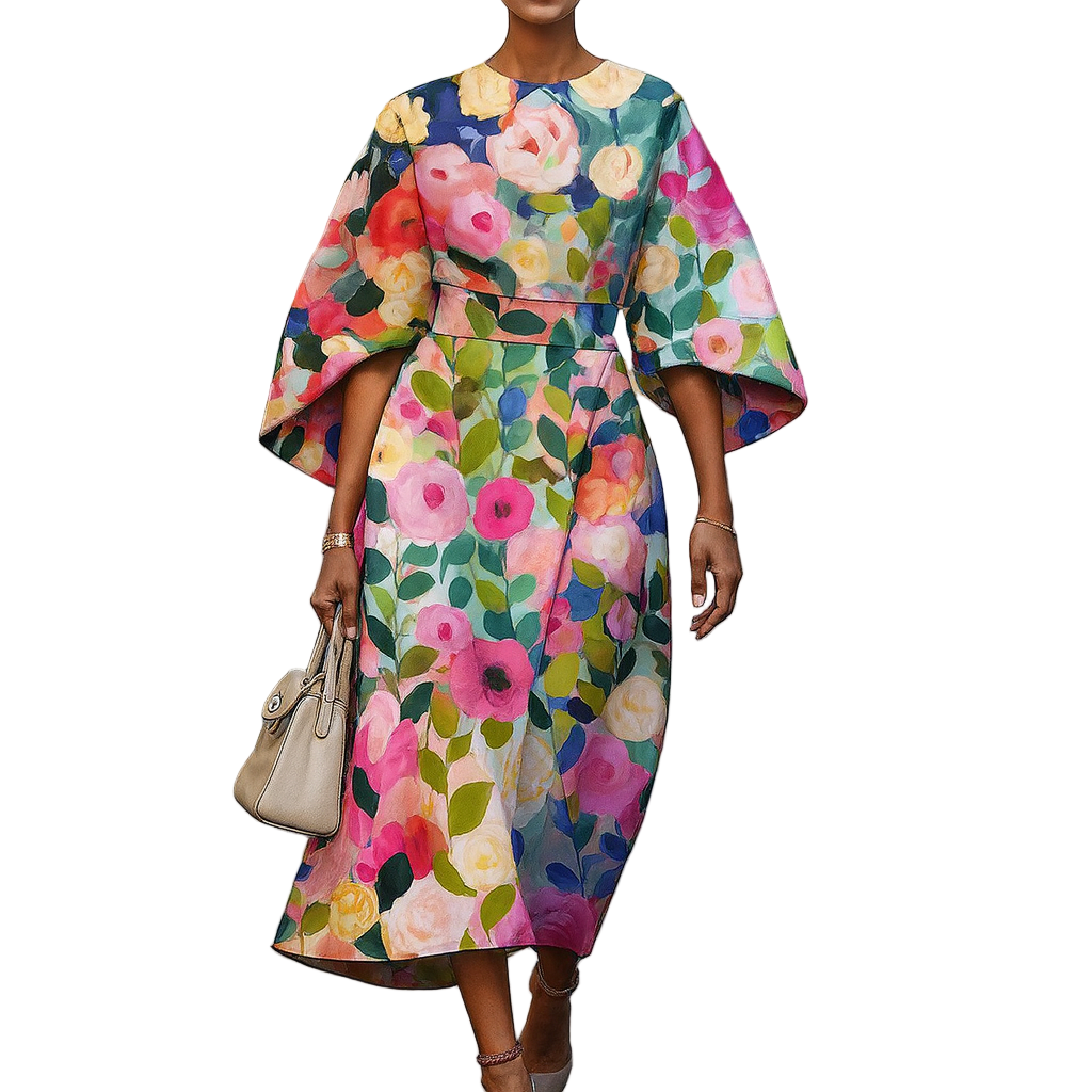 Vestido Midi Manga Capa Estampado