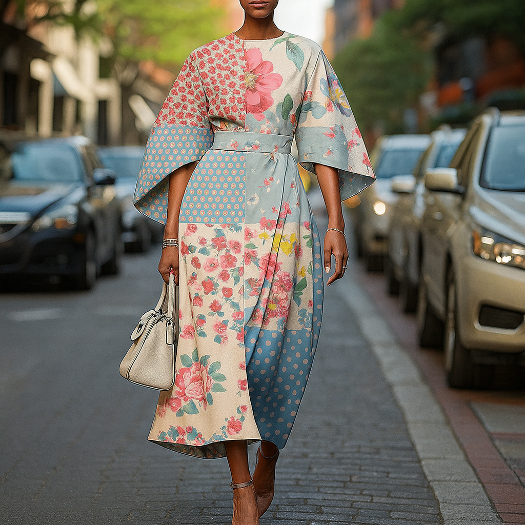 Vestido Midi Manga Capa Estampado
