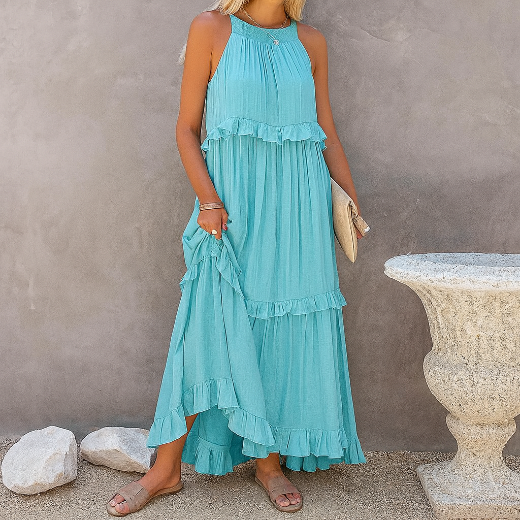 Vestido Largo Halter con Volantes