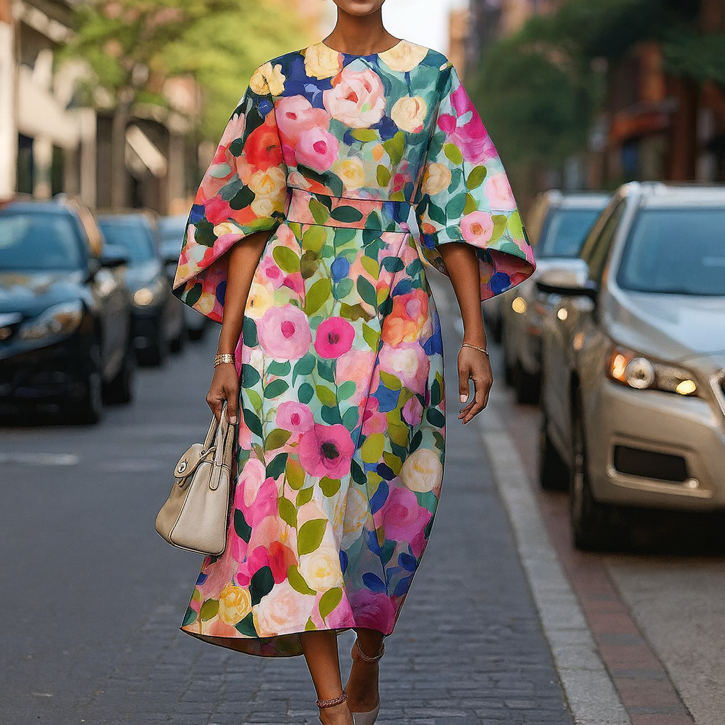 Vestido Midi Manga Capa Estampado