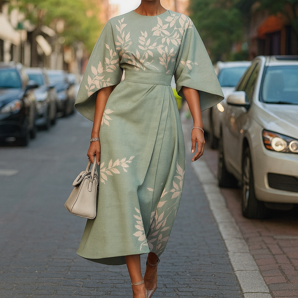 Vestido Midi Manga Capa Estampado