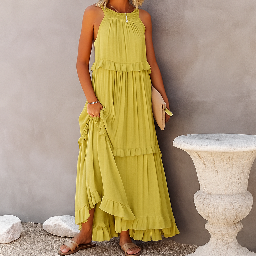 Vestido Largo Halter con Volantes